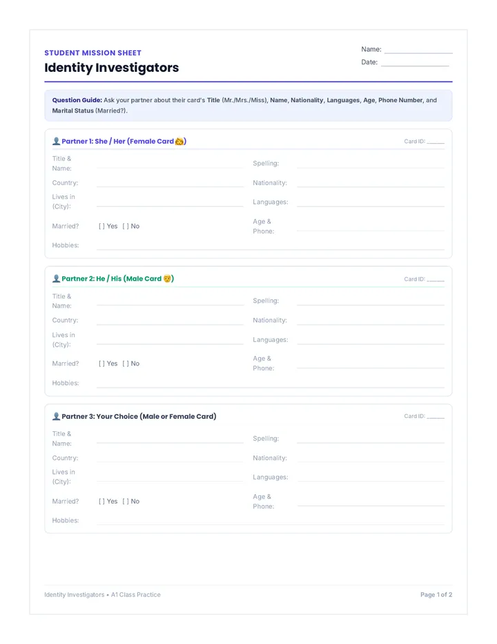 Identity Investigators Student Worksheet