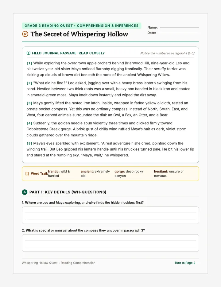 Whispering Hollow Worksheet