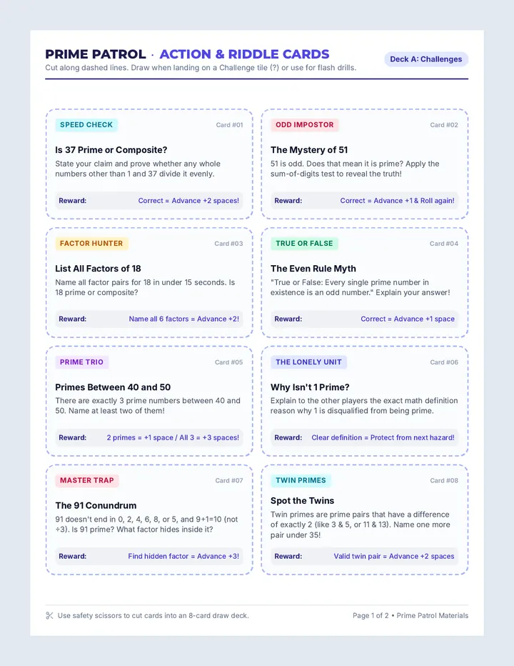 Prime Challenge Game Cards