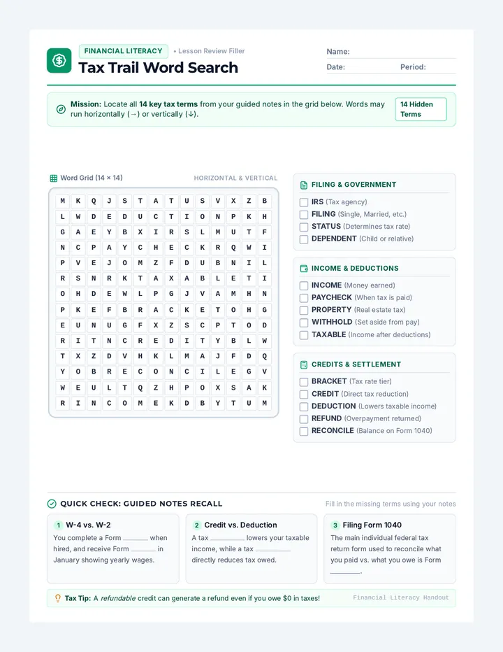 Tax Trail Word Search Activity