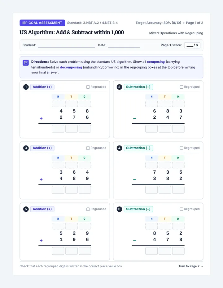 Place Value Algorithm Assessment