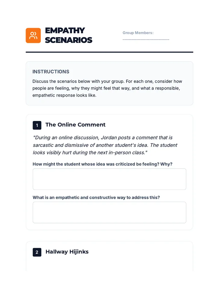 Empathy Scenarios Activity Sheet