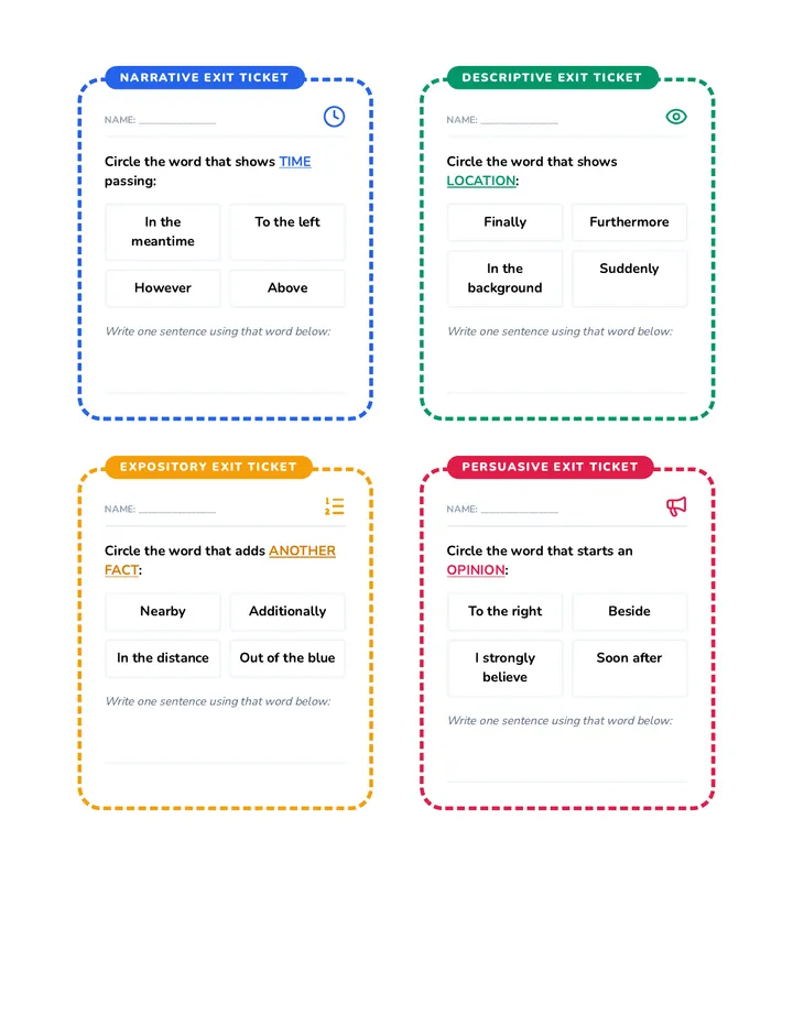 Transition Exit Tickets Worksheet
