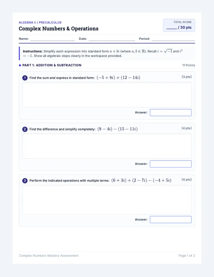Complex Numbers Assessment