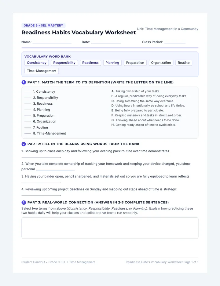 Readiness Habits Vocabulary Worksheet