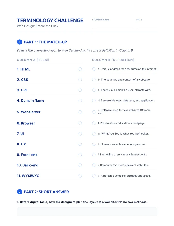 Web Design Terminology Worksheet