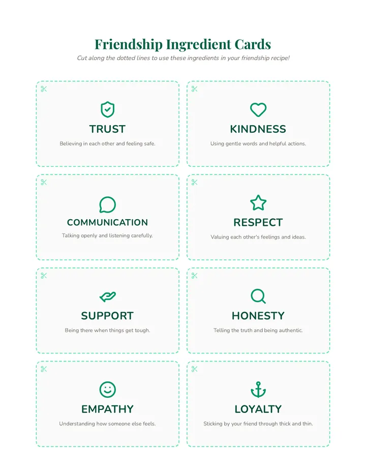 Friendship Ingredient Cards Worksheet