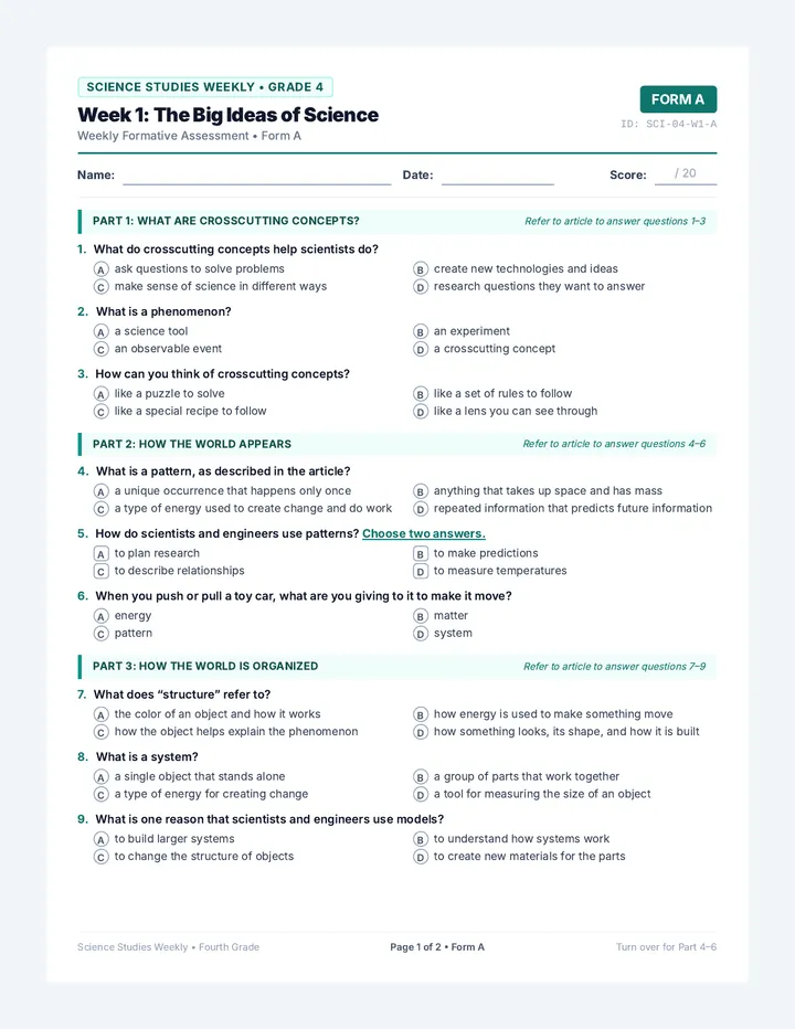 Big Ideas Form A Assessment