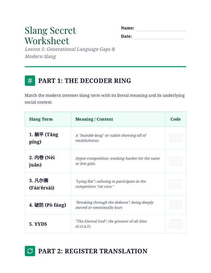 Slang Secret Worksheet