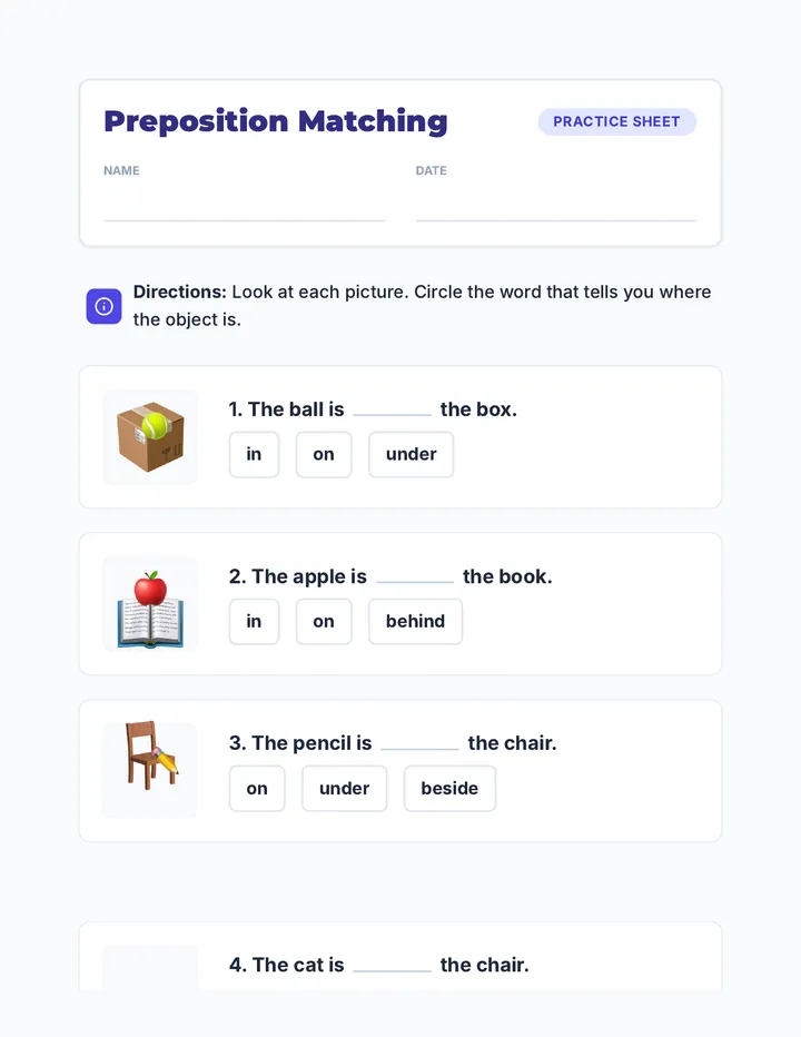 Preposition Matching Worksheet