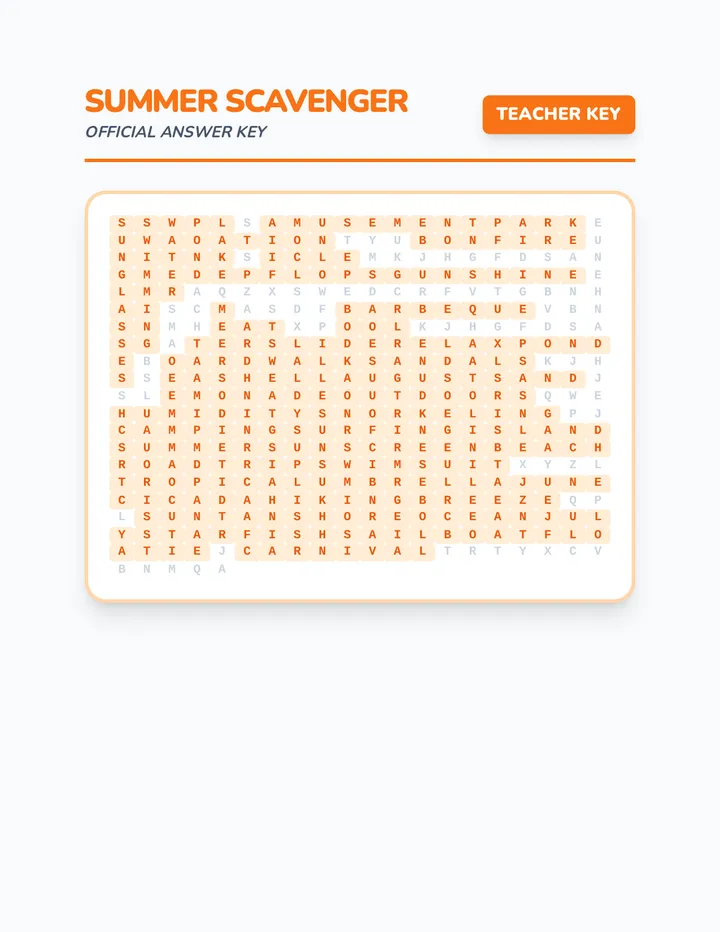 Summer Scavenger Answer Key