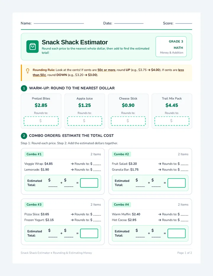 Snack Shack Estimator Worksheet