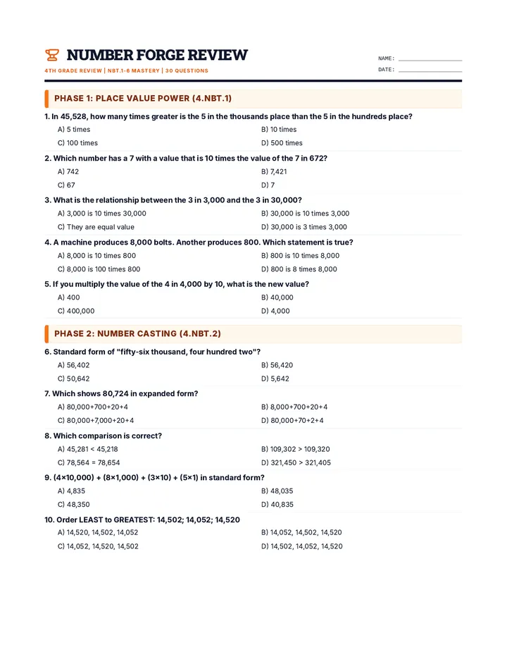 Number Forge 4th Grade NBT Worksheet Raw