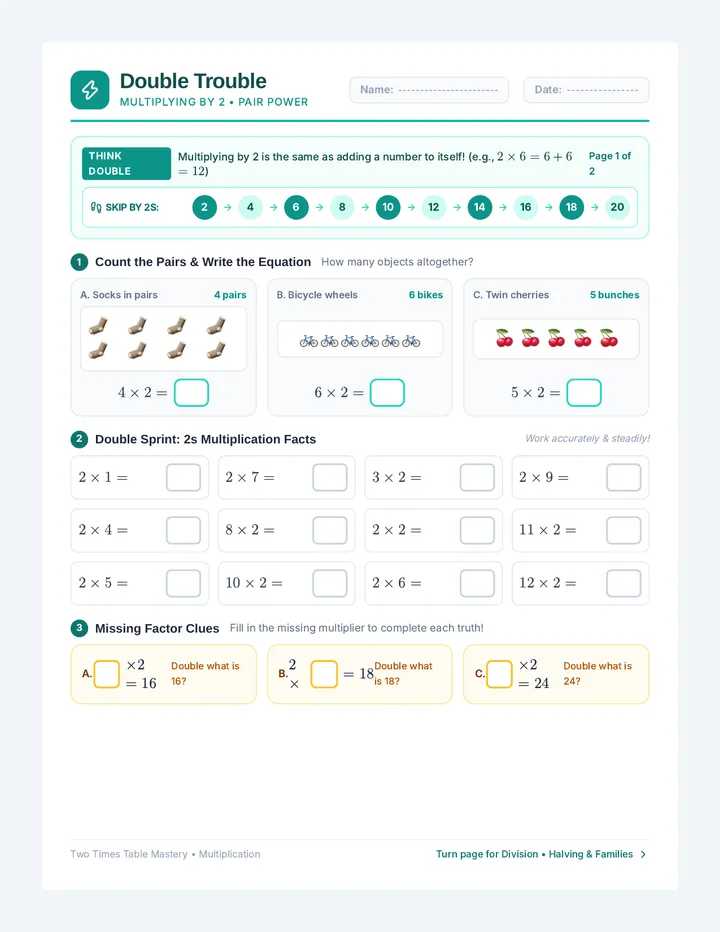 Double Trouble Math Worksheet
