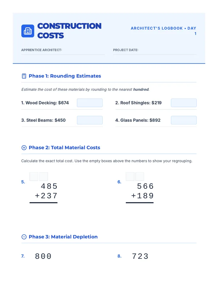 Construction Costs Worksheet