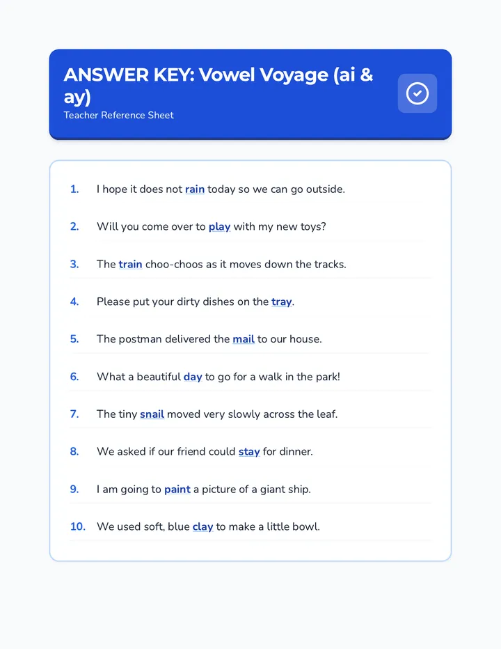 Vowel Voyage ai ay Answer Key