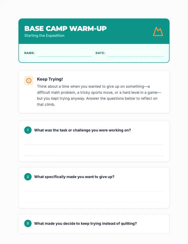 Base Camp Warm Up Worksheet
