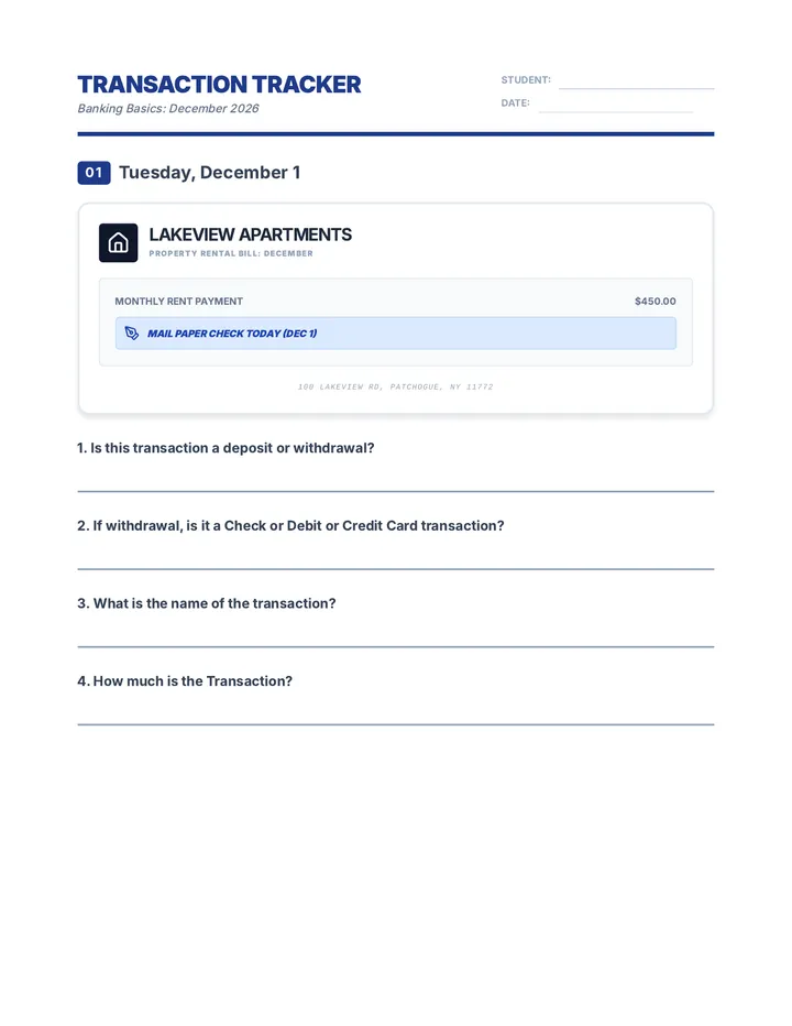 December Transaction Tracker Worksheet