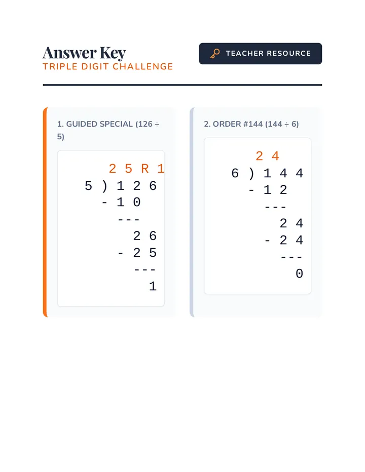 Triple Digit Challenge Answer Key