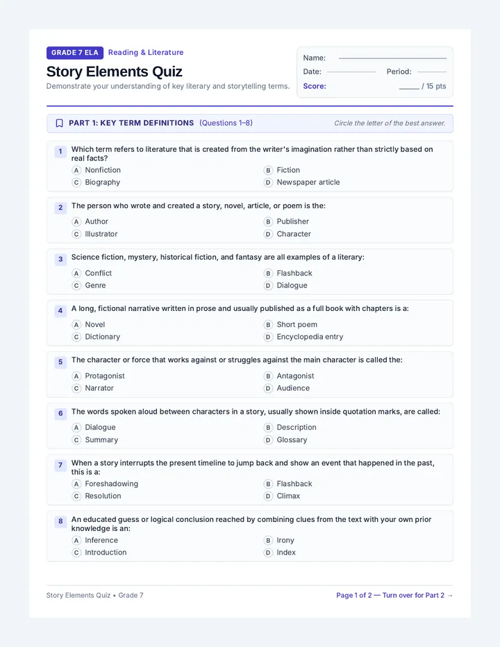 Story Elements Quiz