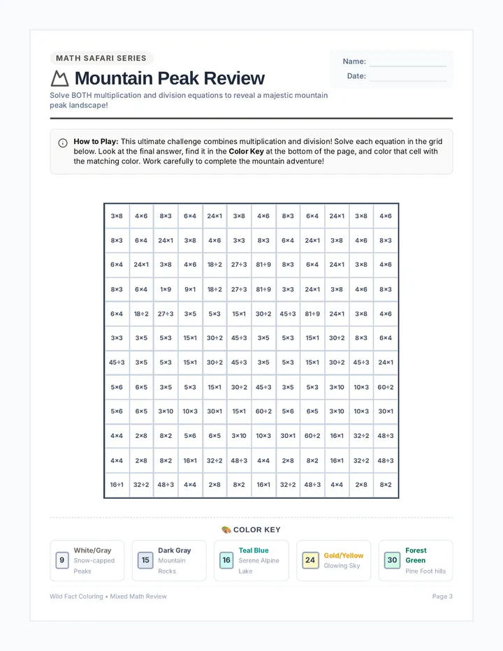 Mountain Peak Math Review Worksheet