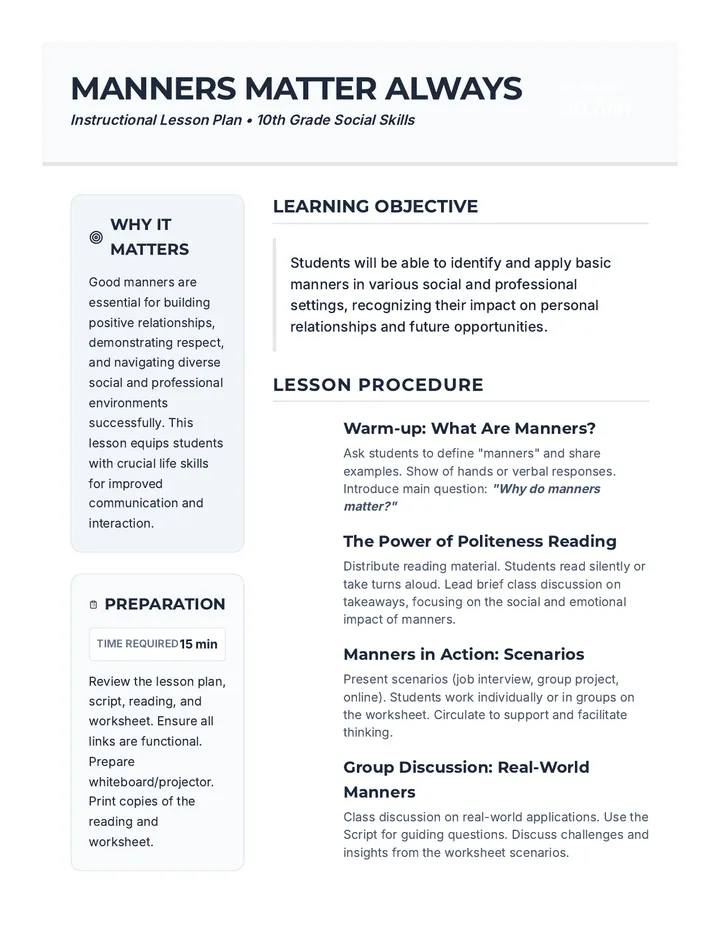 Manners Matter Lesson Plan