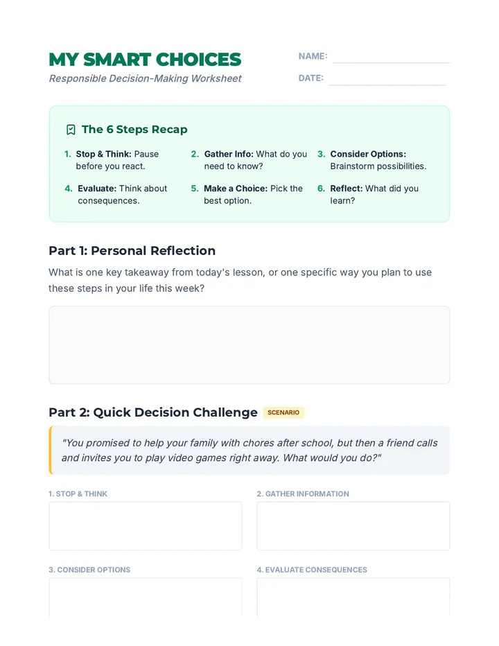 Responsible Decision Worksheet Student Activity