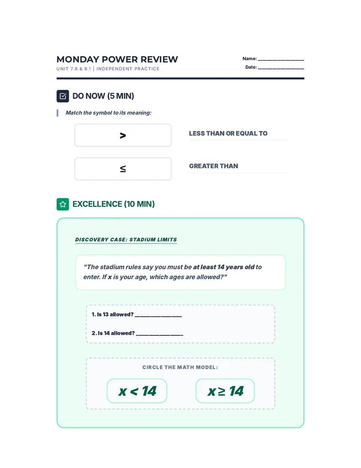Monday Algebra Power Review Worksheet