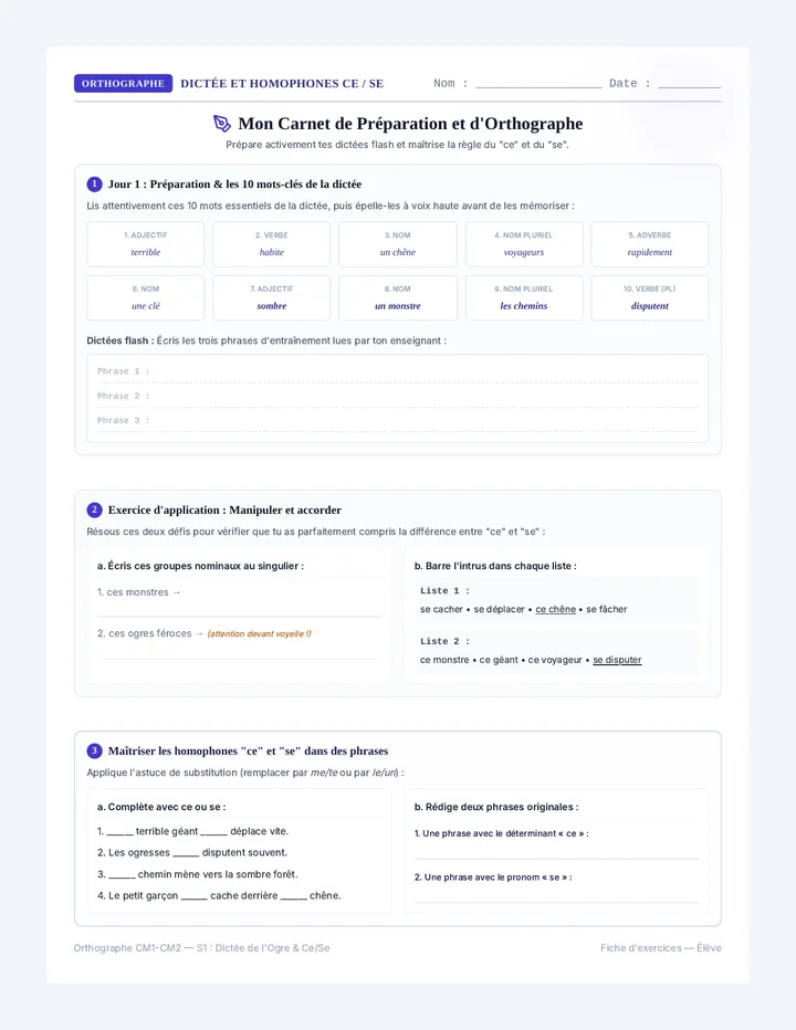 Dictee et Orthographe Fiche d Exercices Eleve