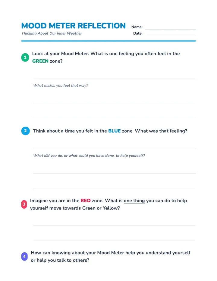Mood Meter Reflection Worksheet