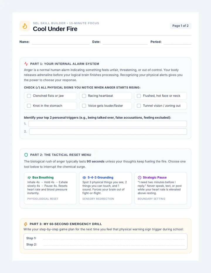 Cool Under Fire Worksheet