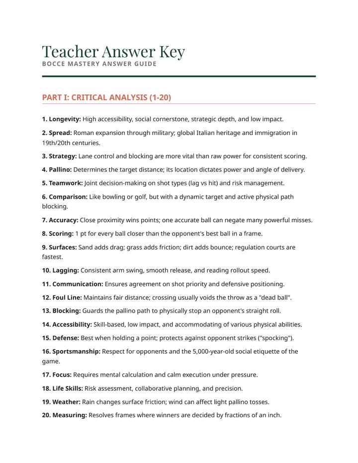 Bocce Teacher Answer Key Document