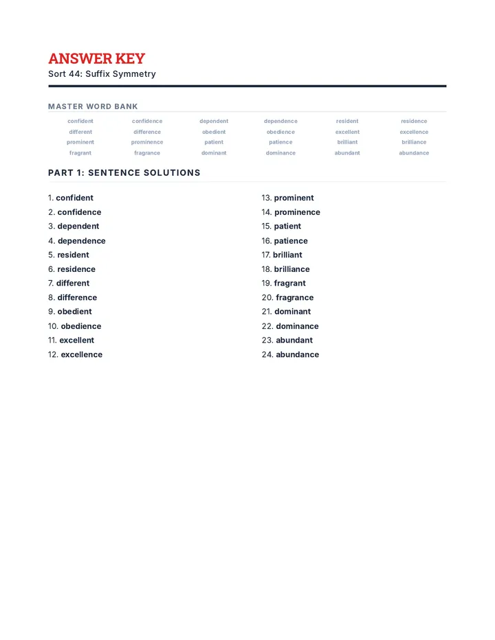 Suffix Symmetry Answer Key