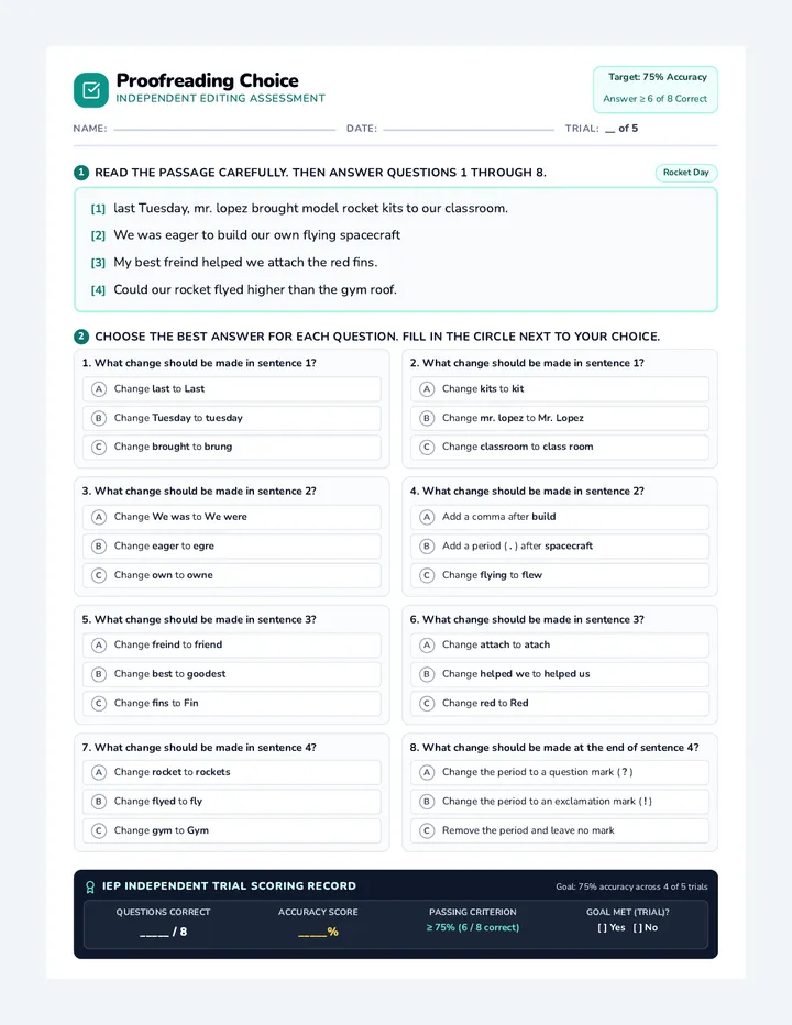 Proofreading Choice Worksheet