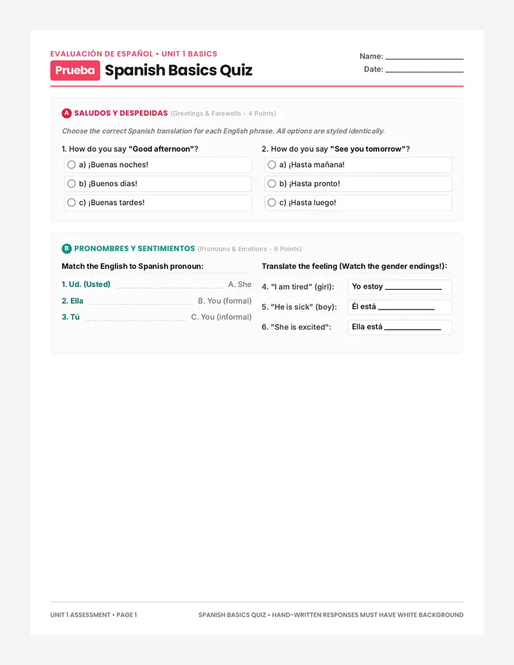 Spanish Basics Quiz page 1