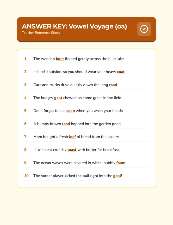 Vowel Voyage oa Answer Key