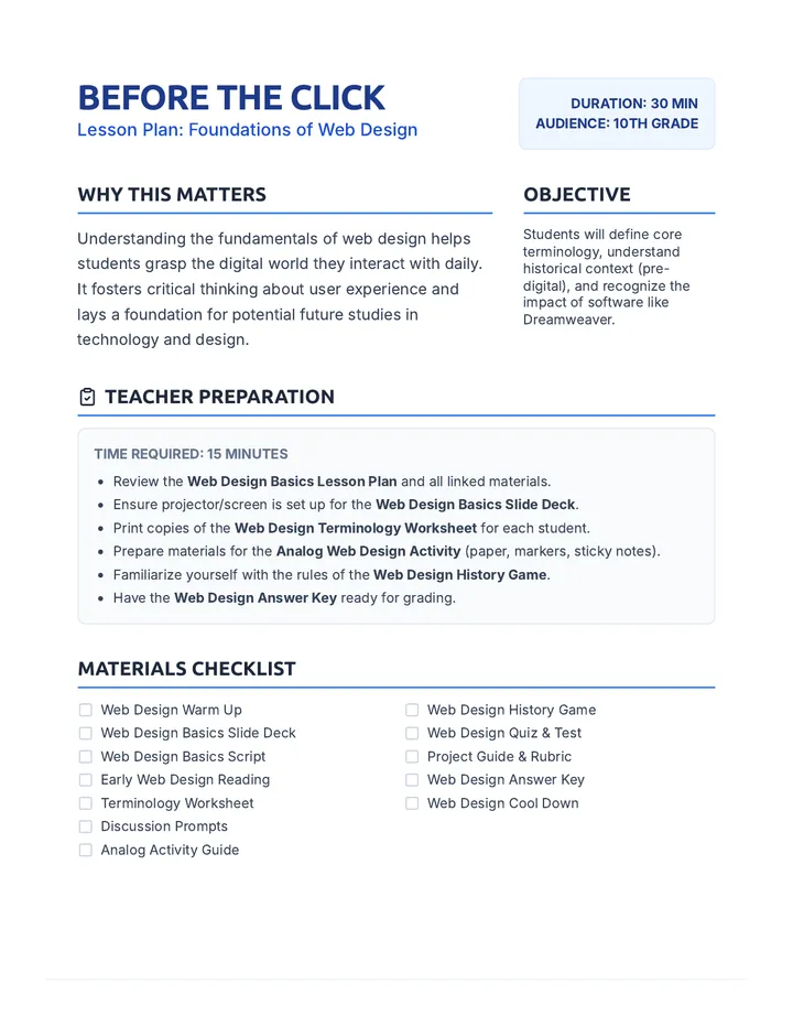Web Design Basics Lesson Plan
