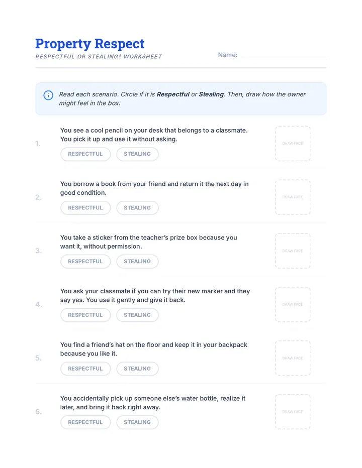 Stealing Scenarios Worksheet material