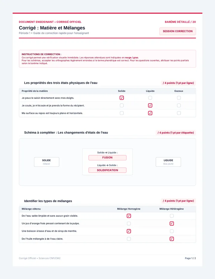Corrigé Évaluation Matière Mélanges