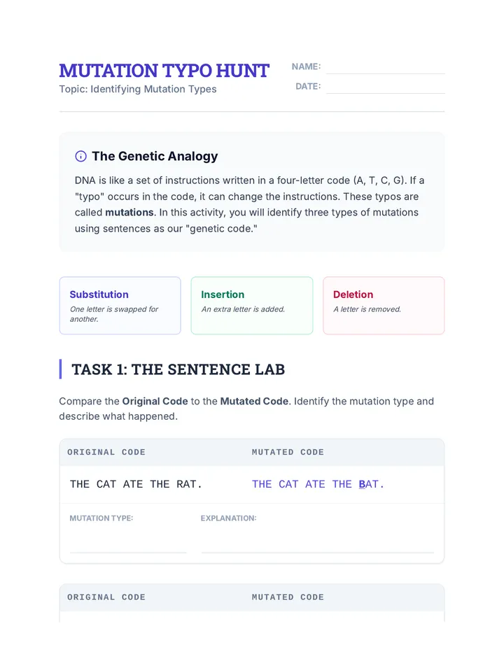 Mutation Typo Hunt Worksheet