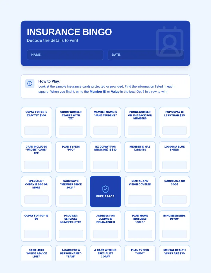 Insurance Bingo Worksheet