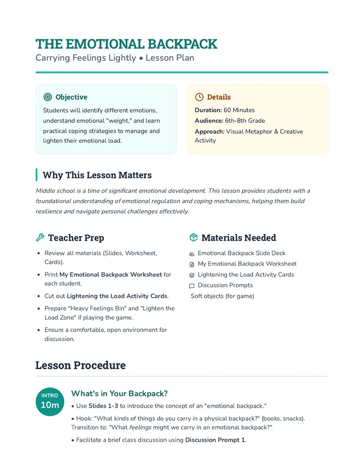 Emotional Backpack Lesson Plan