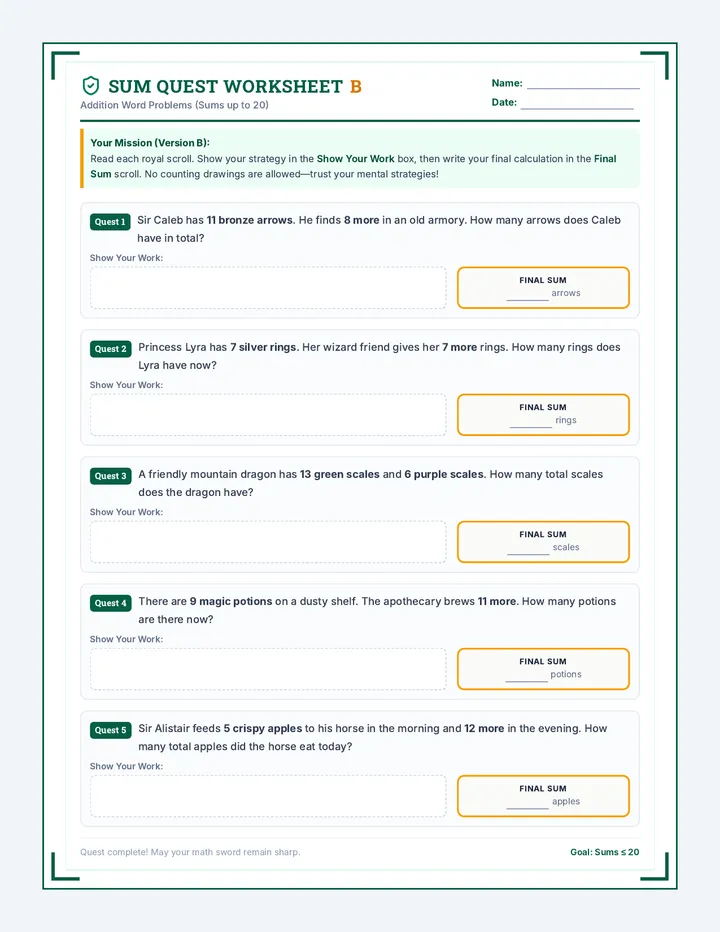 Sum Quest Worksheet B