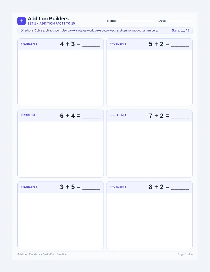 Addition Builders Worksheet
