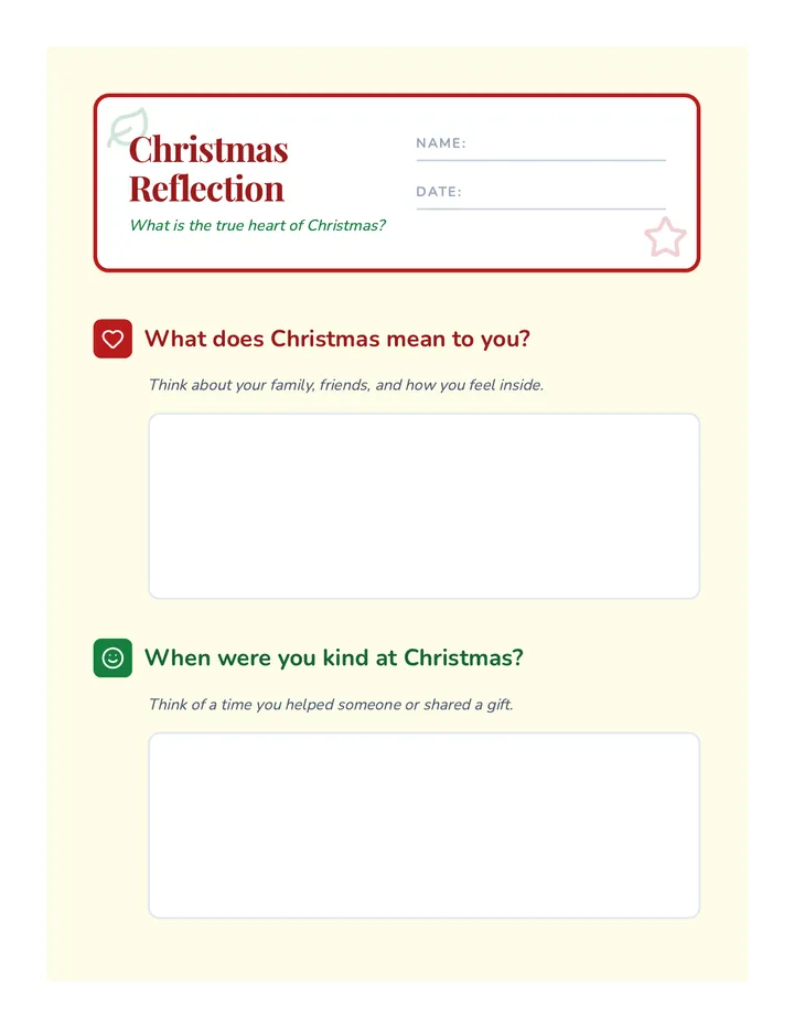Christmas Reflection Worksheet