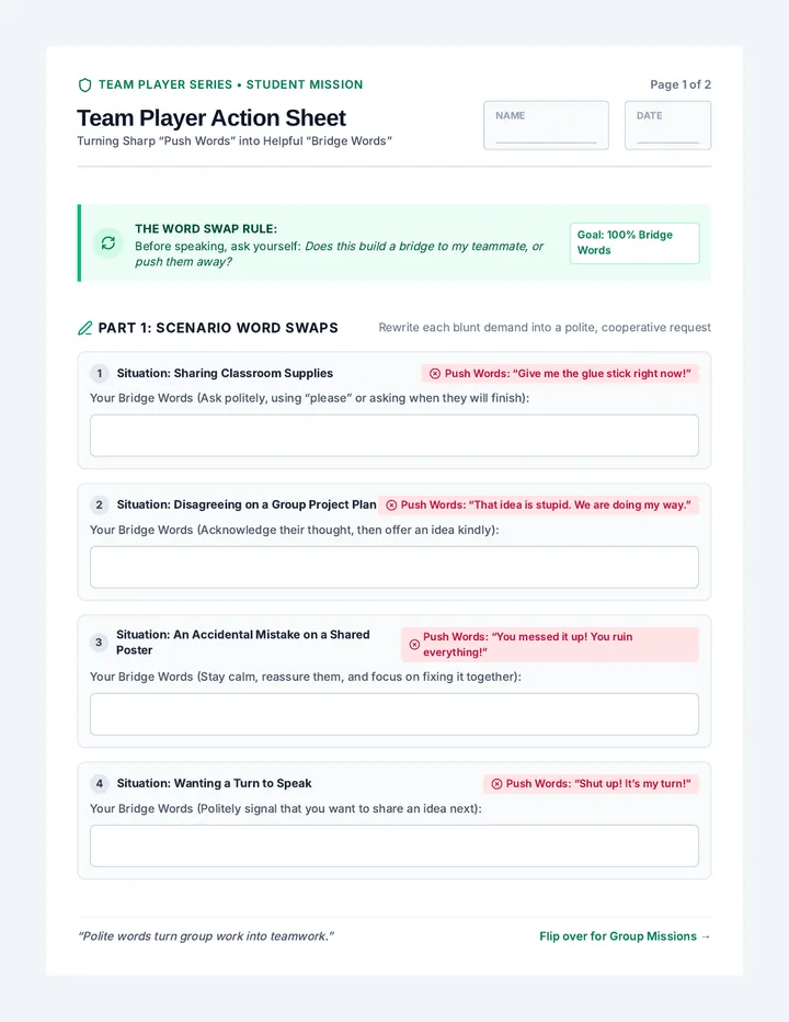Team Player Action Sheet