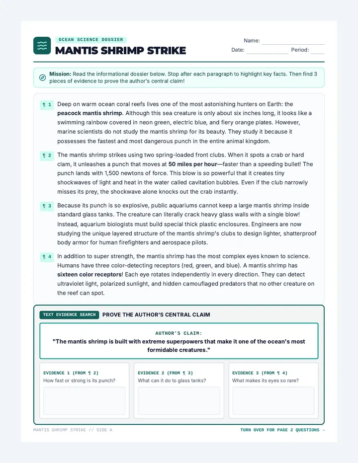 Mantis Shrimp Strike Evidence Worksheet