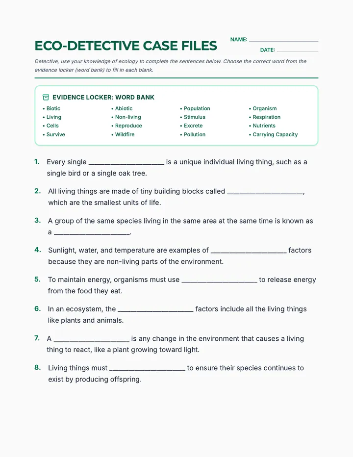 Eco Detective Fill Blank Worksheet
