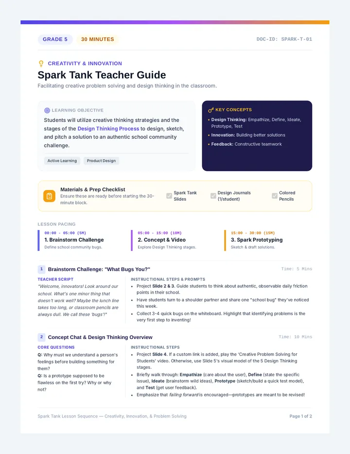 Spark Tank Teacher Guide