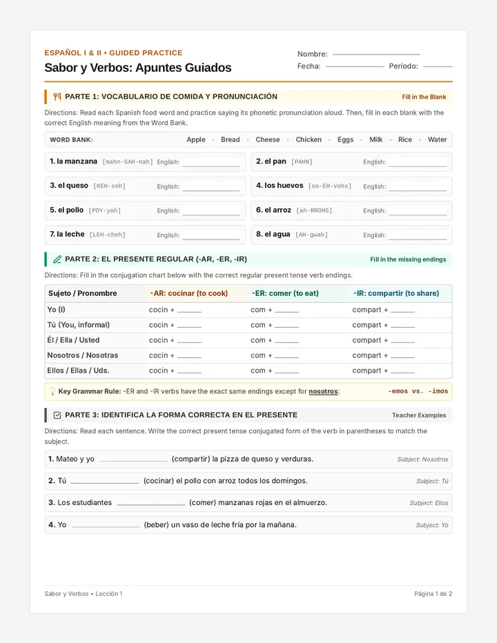 Sabor Verbos Guided Notes
